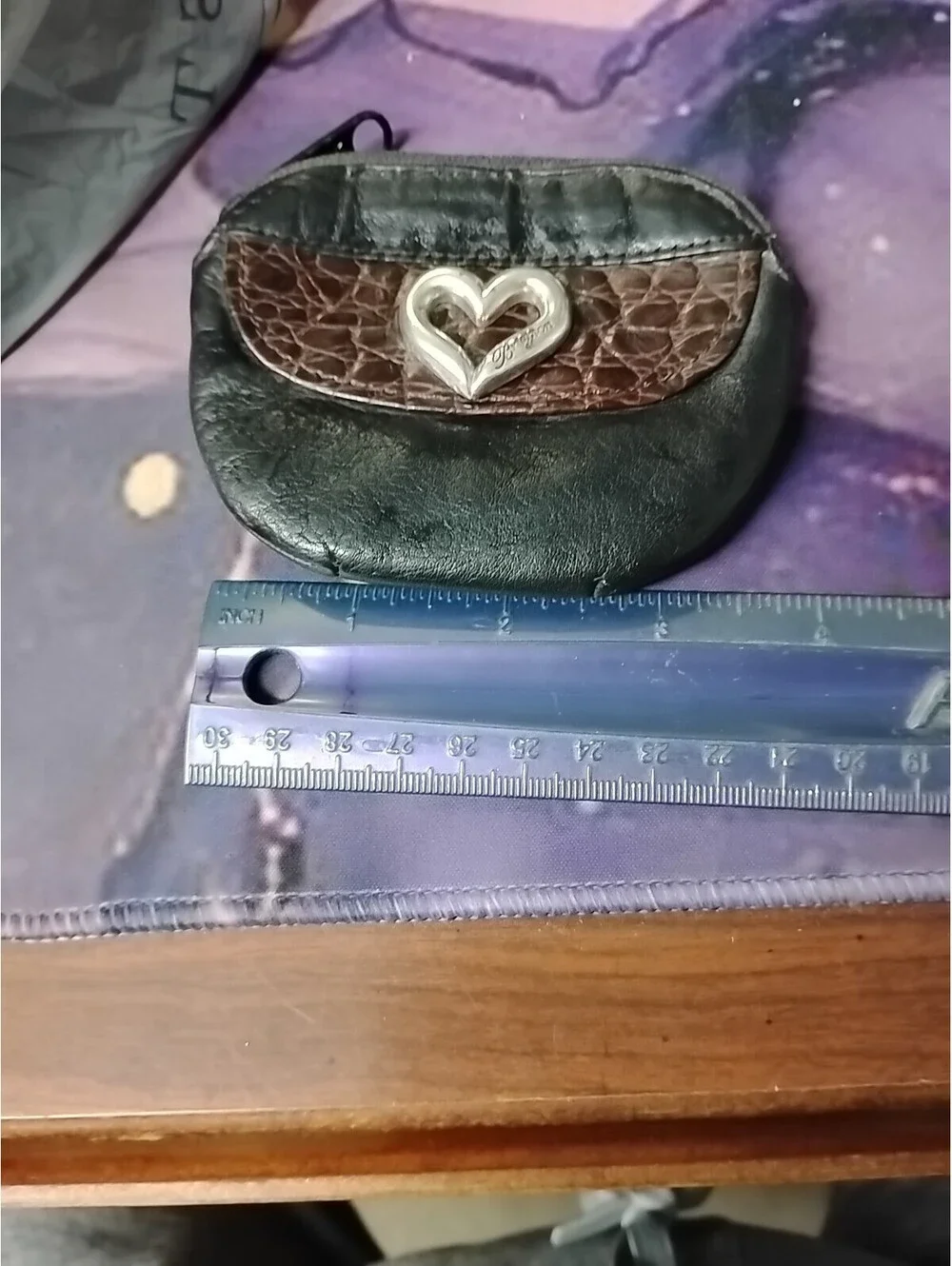 Brighton Small Black and Brown Croc Embossed Leather Coin  Purse Silver Heart